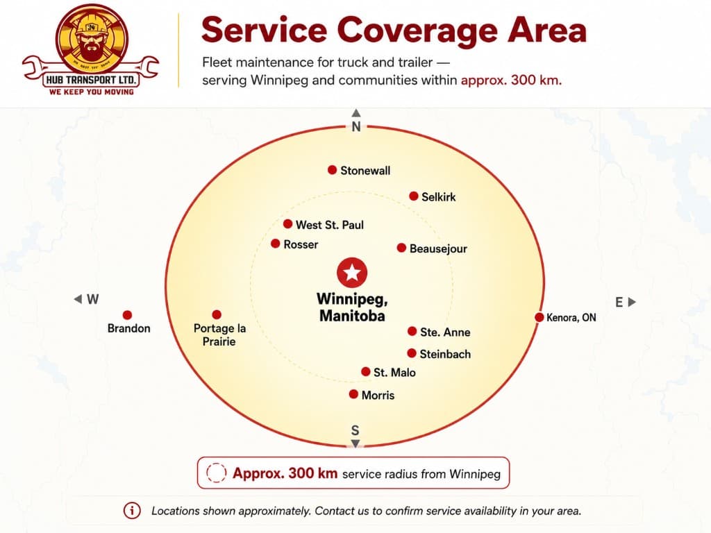 Hub Transport Ltd. service coverage area map centred on Winnipeg, Manitoba, with an approximate 300 kilometre service radius